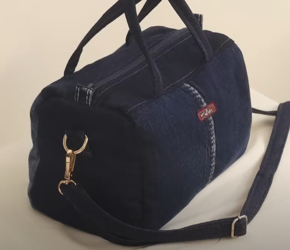blue jean craft bag with handle and straps
